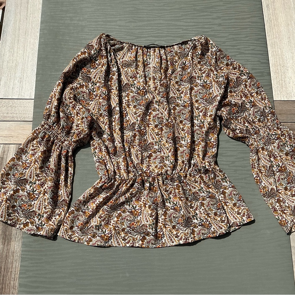 Paisley Peplum Long-Sleeve Top in Brown